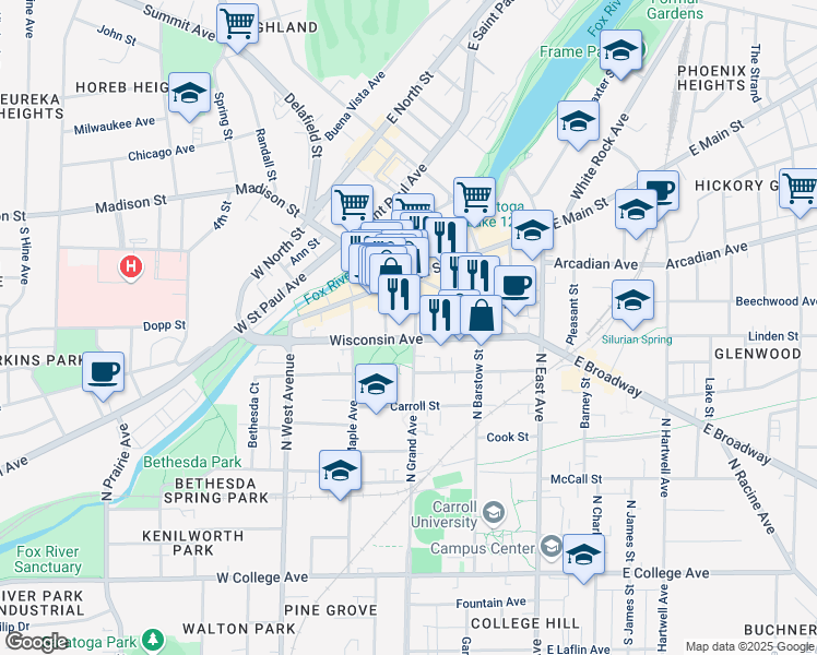 map of restaurants, bars, coffee shops, grocery stores, and more near 704 North Grand Avenue in Waukesha