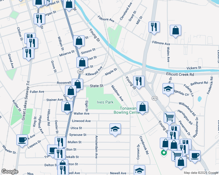 map of restaurants, bars, coffee shops, grocery stores, and more near 67 Frances Street in Tonawanda