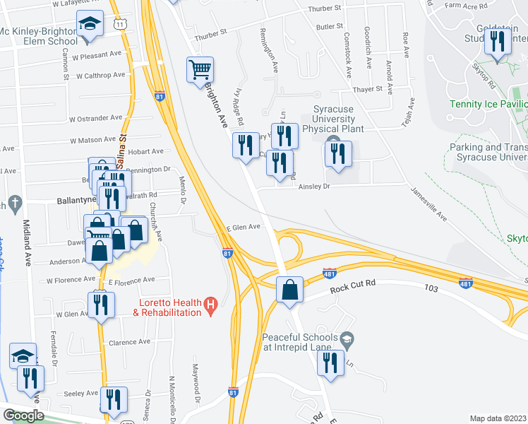 map of restaurants, bars, coffee shops, grocery stores, and more near 669 East Brighton Avenue in Syracuse