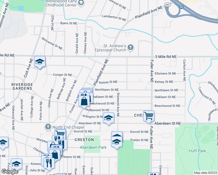 map of restaurants, bars, coffee shops, grocery stores, and more near 944 Northlawn Street Northeast in Grand Rapids