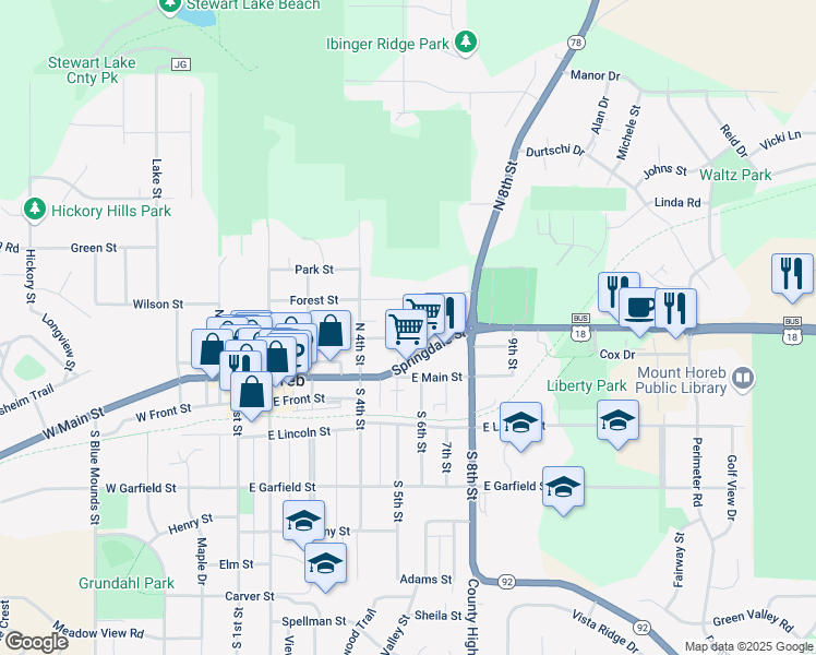 map of restaurants, bars, coffee shops, grocery stores, and more near 104 Thompson in Mount Horeb