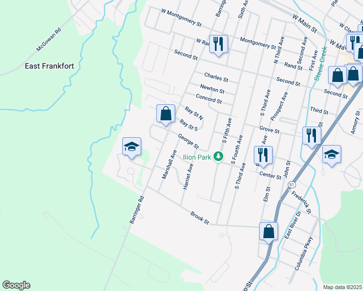 map of restaurants, bars, coffee shops, grocery stores, and more near 22 Hall Street in Ilion