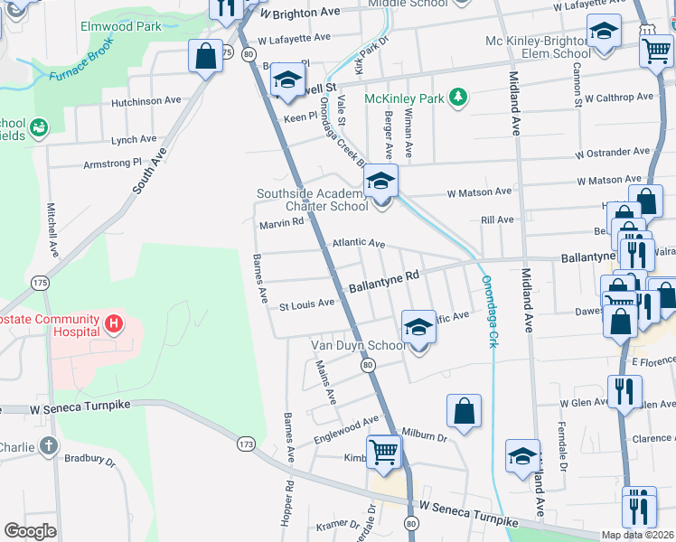 map of restaurants, bars, coffee shops, grocery stores, and more near 719 Valley Drive in Syracuse
