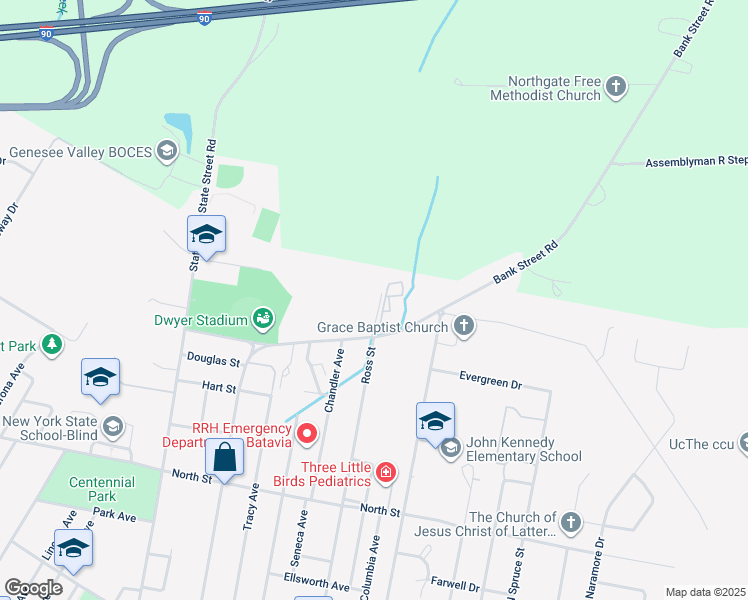 map of restaurants, bars, coffee shops, grocery stores, and more near 329 Bank Street in Batavia