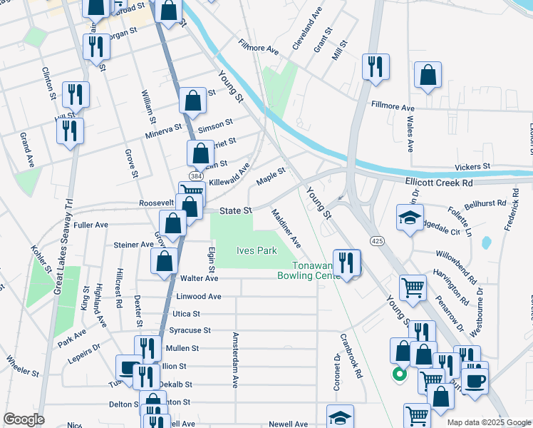 map of restaurants, bars, coffee shops, grocery stores, and more near 67 Frances Street in Tonawanda