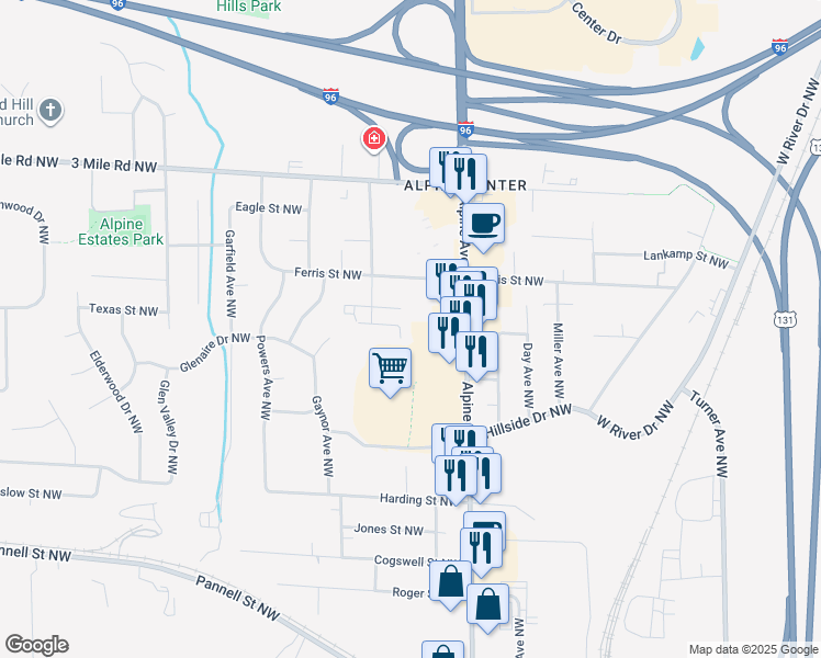 map of restaurants, bars, coffee shops, grocery stores, and more near 2515 Alpine Avenue Northwest in Grand Rapids