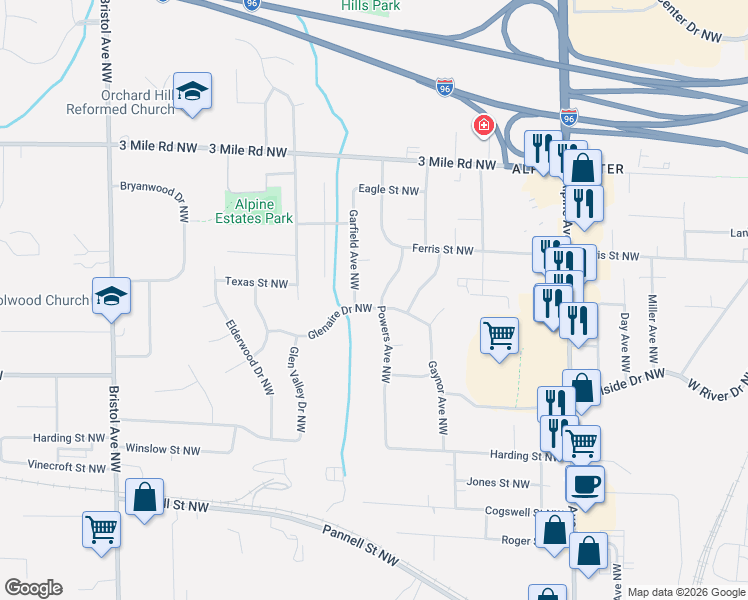 map of restaurants, bars, coffee shops, grocery stores, and more near 2520 Powers Avenue Northwest in Grand Rapids