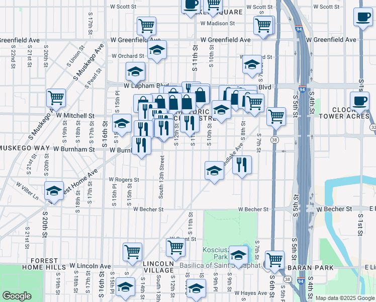 map of restaurants, bars, coffee shops, grocery stores, and more near 1930 South 11th Street in Milwaukee
