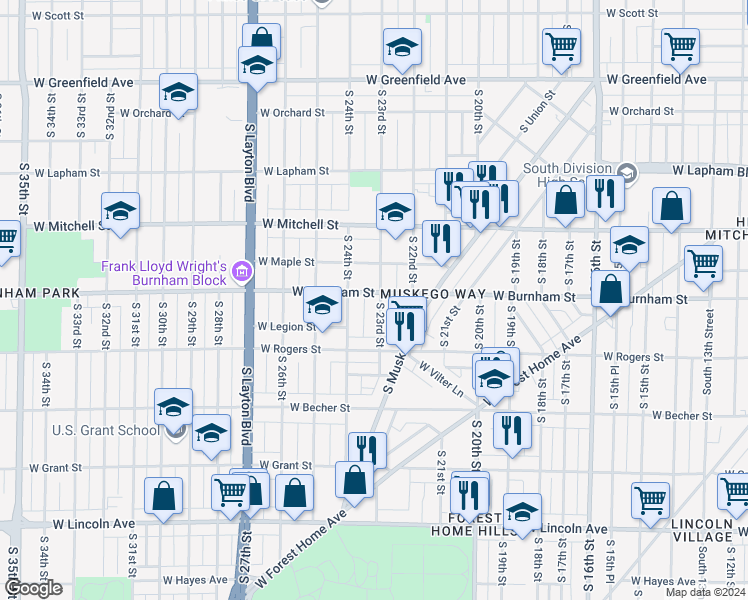 map of restaurants, bars, coffee shops, grocery stores, and more near 1936 A South 23rd Street in Milwaukee