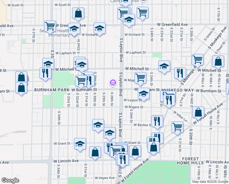 map of restaurants, bars, coffee shops, grocery stores, and more near 1935 South 28th Street in Milwaukee