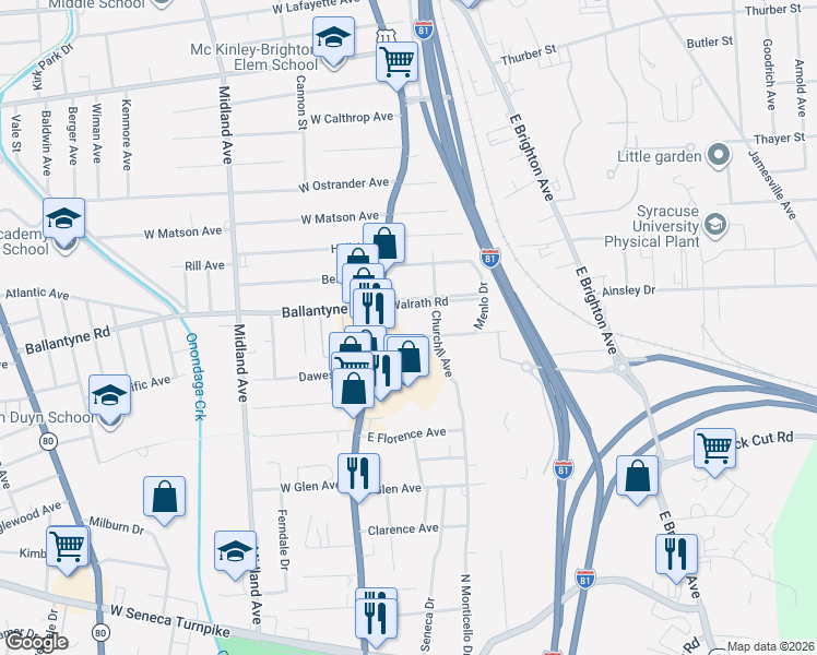 map of restaurants, bars, coffee shops, grocery stores, and more near 4001 South Salina Street in Syracuse