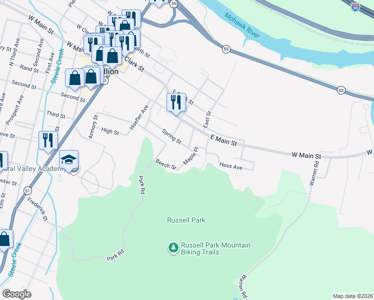 map of restaurants, bars, coffee shops, grocery stores, and more near 39 Maple Place in Ilion