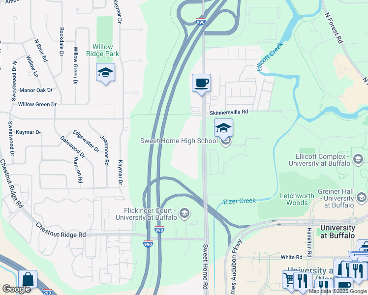 map of restaurants, bars, coffee shops, grocery stores, and more near 147 American Campus Drive in Buffalo