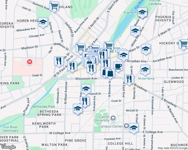 map of restaurants, bars, coffee shops, grocery stores, and more near 704 North Grand Avenue in Waukesha