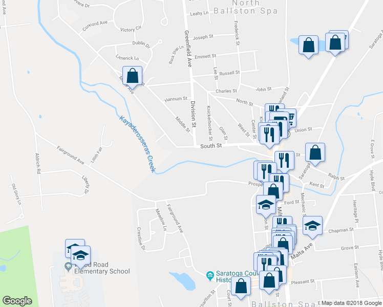 map of restaurants, bars, coffee shops, grocery stores, and more near 181 South Street in Ballston Spa