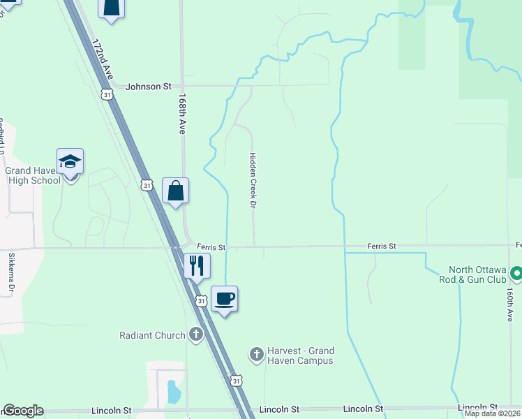 map of restaurants, bars, coffee shops, grocery stores, and more near 13245 Hidden Creek Drive in Grand Haven