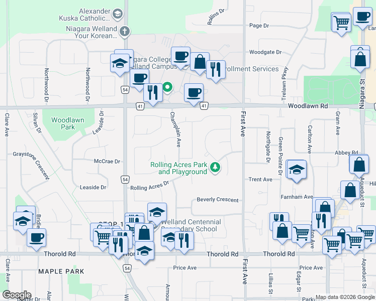 map of restaurants, bars, coffee shops, grocery stores, and more near 15 Woodington Place in Welland