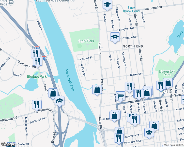 map of restaurants, bars, coffee shops, grocery stores, and more near 125 West Clarke Street in Manchester