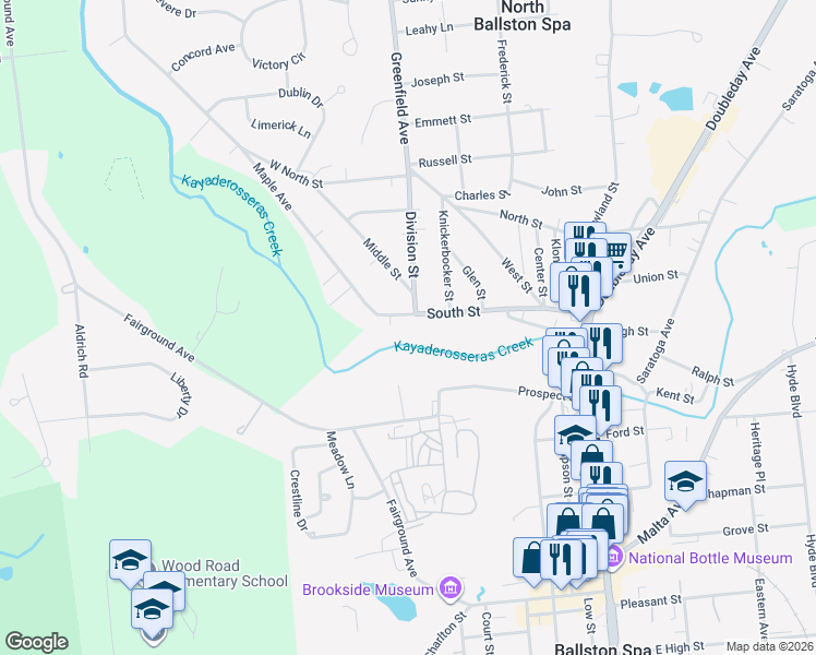 map of restaurants, bars, coffee shops, grocery stores, and more near 181 South Street in Ballston Spa