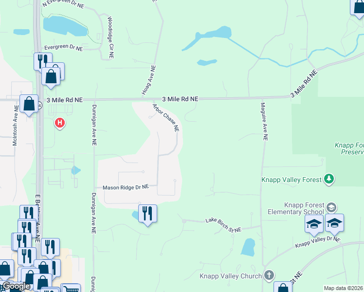 map of restaurants, bars, coffee shops, grocery stores, and more near 2628 Arbor Chase Northeast in Grand Rapids