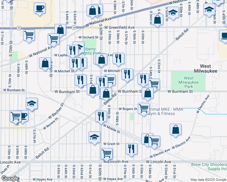 map of restaurants, bars, coffee shops, grocery stores, and more near 5821 Beloit Road in West Allis