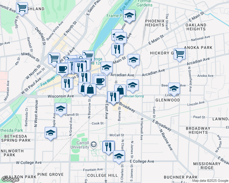 map of restaurants, bars, coffee shops, grocery stores, and more near 154 East Broadway in Waukesha