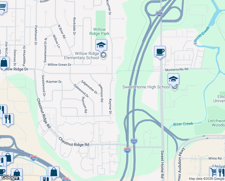 map of restaurants, bars, coffee shops, grocery stores, and more near 419 Kaymar Drive in Buffalo