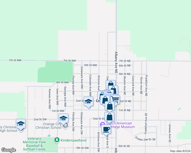 map of restaurants, bars, coffee shops, grocery stores, and more near 201-299 4th Street Northwest in Orange City