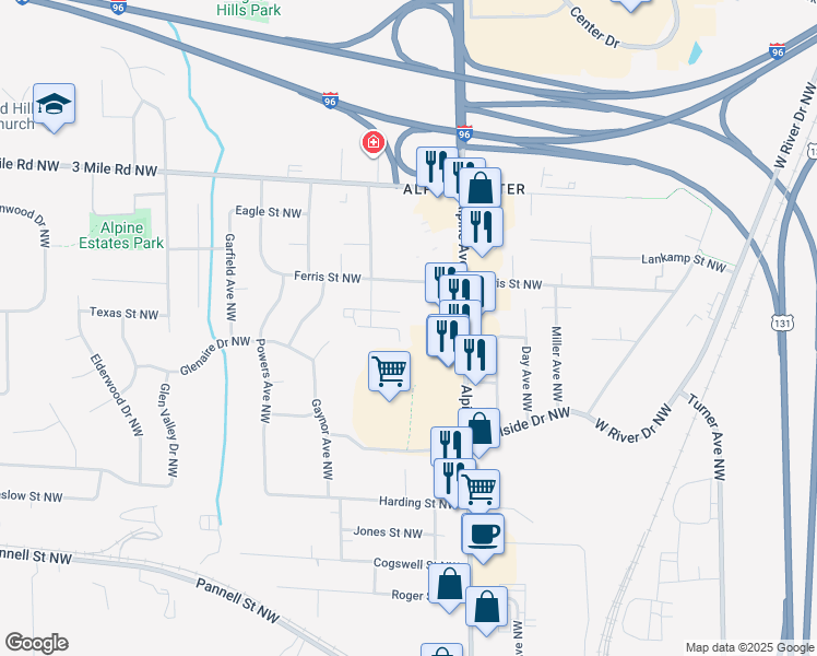 map of restaurants, bars, coffee shops, grocery stores, and more near 2515 Alpine Avenue Northwest in Grand Rapids