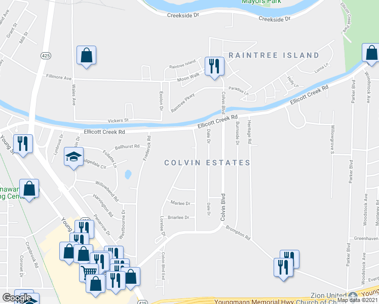 map of restaurants, bars, coffee shops, grocery stores, and more near 180 Greenfield Drive in Tonawanda