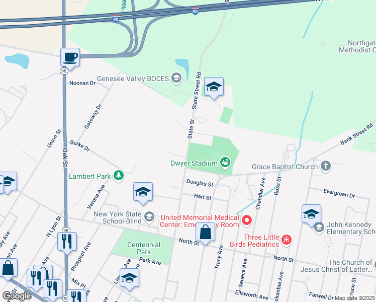 map of restaurants, bars, coffee shops, grocery stores, and more near 260 State Street in Batavia