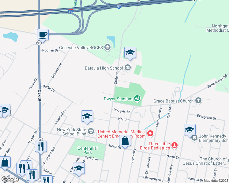 map of restaurants, bars, coffee shops, grocery stores, and more near 260 State Street in Batavia
