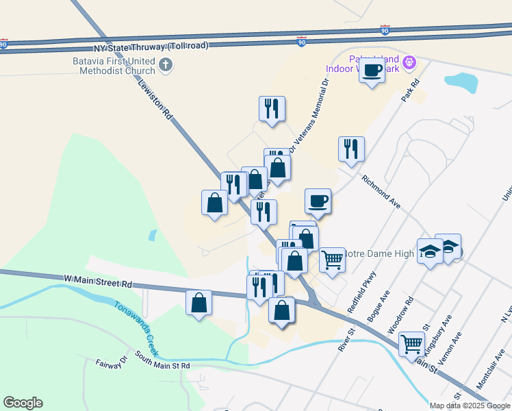 map of restaurants, bars, coffee shops, grocery stores, and more near 4170 Veterans Memorial Drive in Batavia