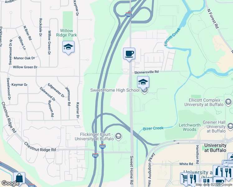 map of restaurants, bars, coffee shops, grocery stores, and more near 265 American Campus Drive in Buffalo