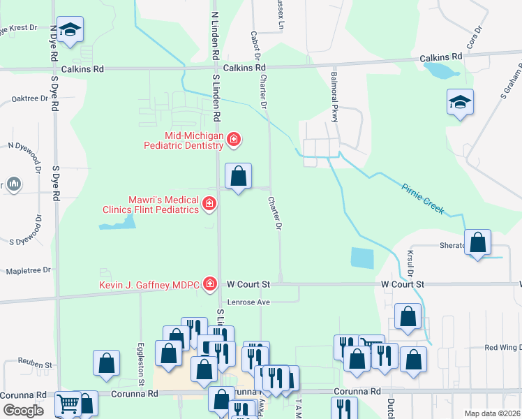 map of restaurants, bars, coffee shops, grocery stores, and more near 4455 Town Center Parkway in Flint