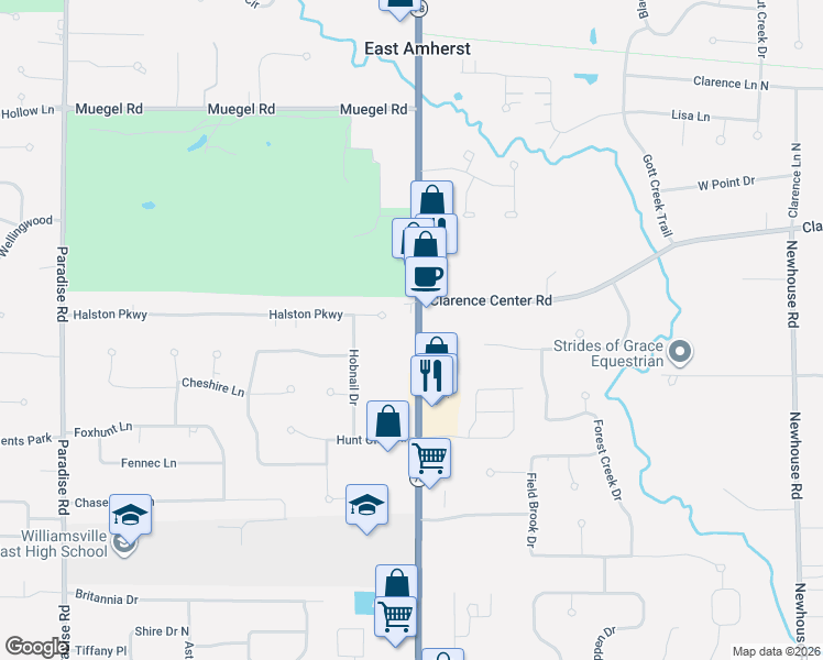 map of restaurants, bars, coffee shops, grocery stores, and more near 8900 Transit Road in East Amherst