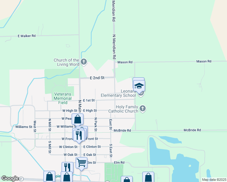 map of restaurants, bars, coffee shops, grocery stores, and more near 637 North East Street in Ovid