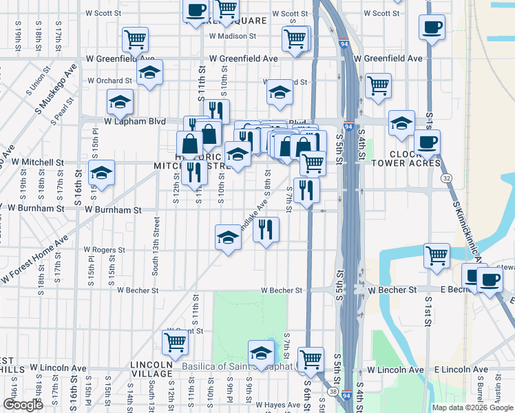 map of restaurants, bars, coffee shops, grocery stores, and more near 837 West Maple Street in Milwaukee