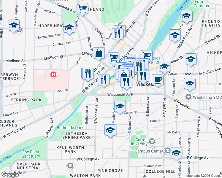 map of restaurants, bars, coffee shops, grocery stores, and more near 412 West Main Street in Waukesha