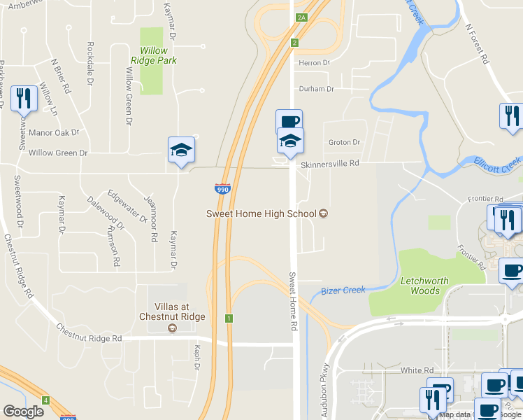 map of restaurants, bars, coffee shops, grocery stores, and more near 78 American Campus Drive in Buffalo