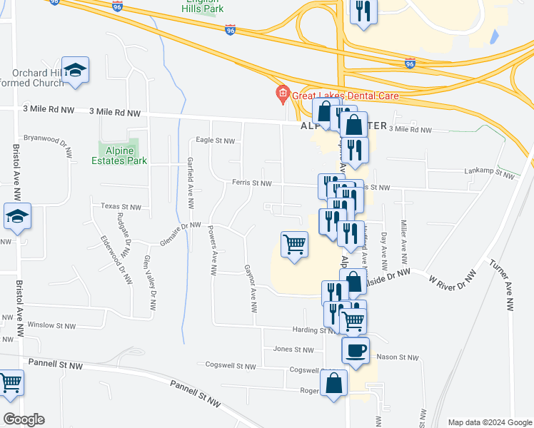 map of restaurants, bars, coffee shops, grocery stores, and more near 981 McCarty Street Northwest in Grand Rapids