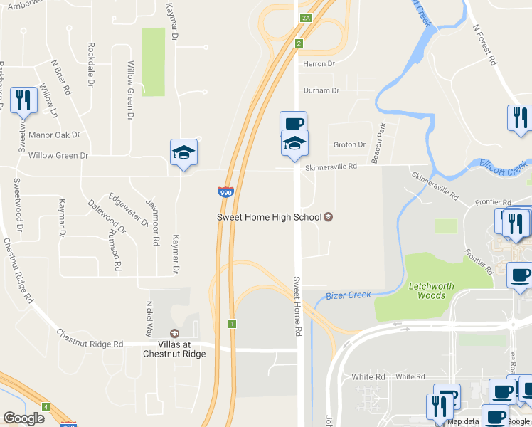 map of restaurants, bars, coffee shops, grocery stores, and more near 64 American Campus Drive in Buffalo