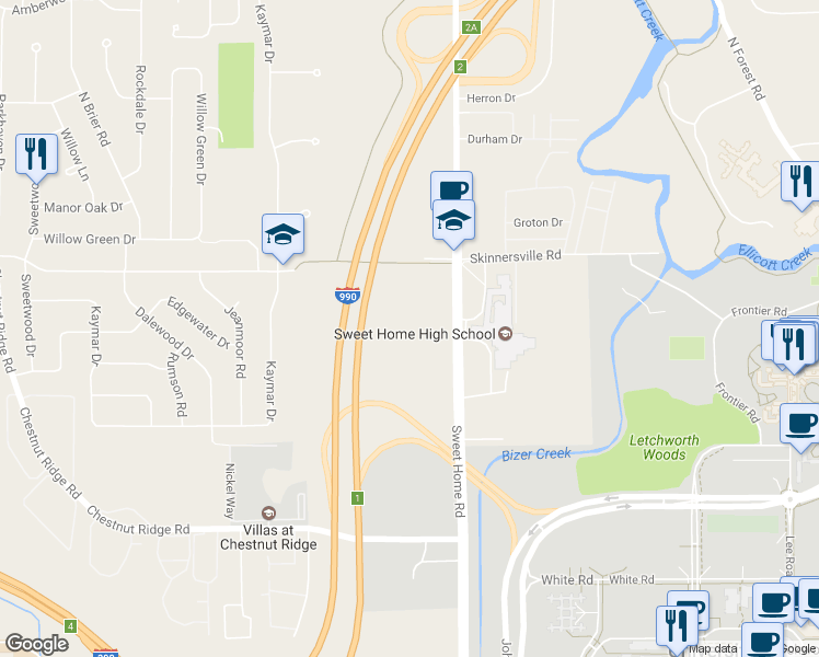 map of restaurants, bars, coffee shops, grocery stores, and more near 62 American Campus Drive in Buffalo