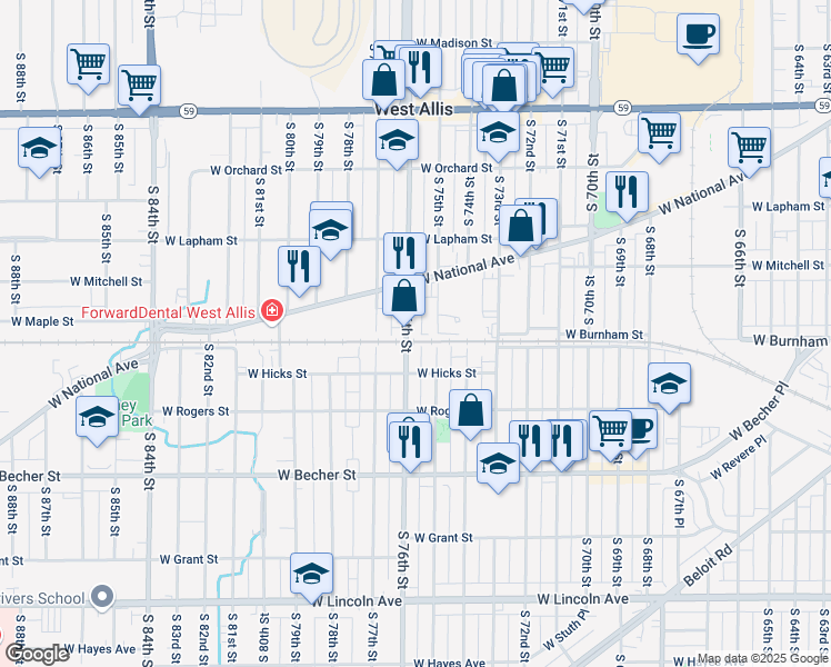 map of restaurants, bars, coffee shops, grocery stores, and more near 1743 South 75th Street in West Allis