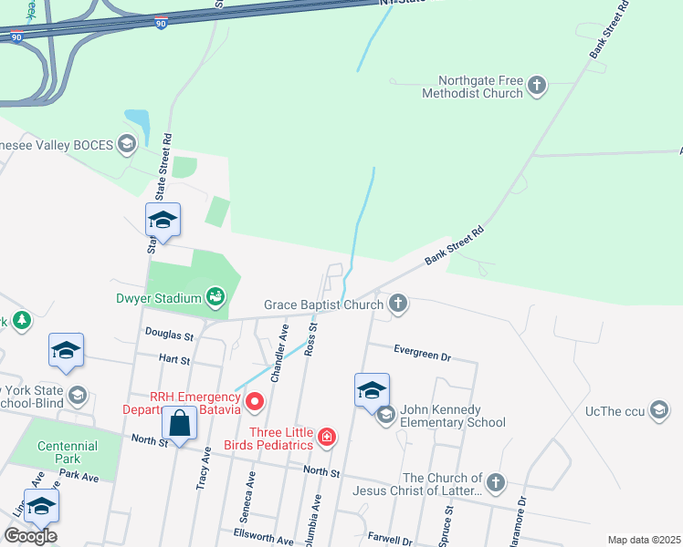 map of restaurants, bars, coffee shops, grocery stores, and more near 337 Bank Street in Batavia