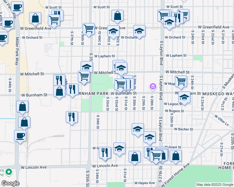map of restaurants, bars, coffee shops, grocery stores, and more near W Burnham St & S 32nd St in Milwaukee
