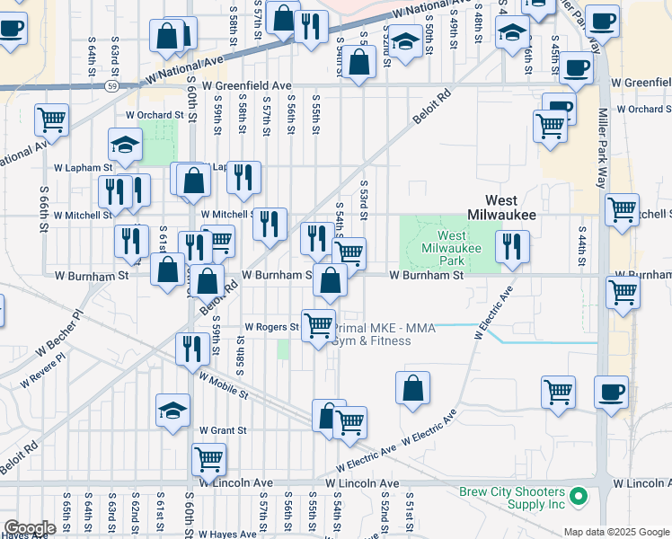 map of restaurants, bars, coffee shops, grocery stores, and more near 1812 South 55th Street in West Milwaukee