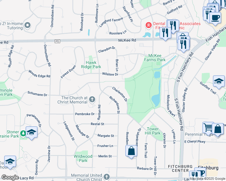 map of restaurants, bars, coffee shops, grocery stores, and more near 2868 Charleston Drive in Fitchburg
