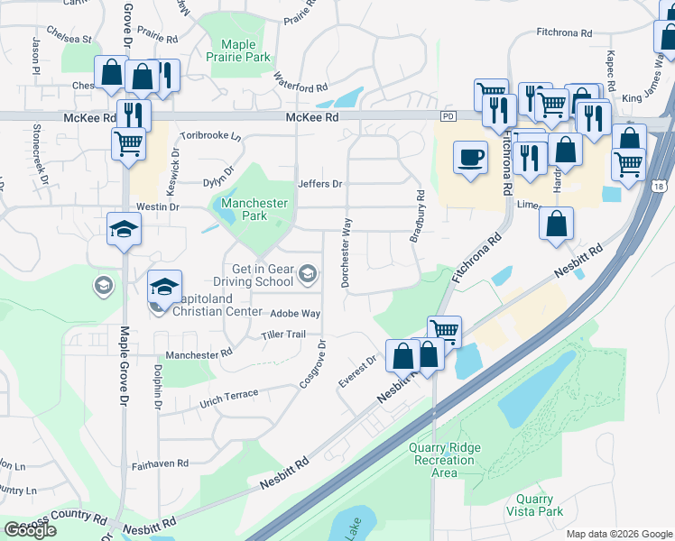 map of restaurants, bars, coffee shops, grocery stores, and more near 3413 Dorchester Way in Madison