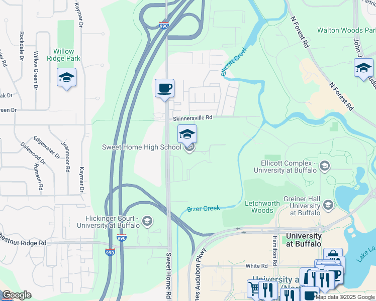 map of restaurants, bars, coffee shops, grocery stores, and more near 1901 Sweet Home Road in Buffalo
